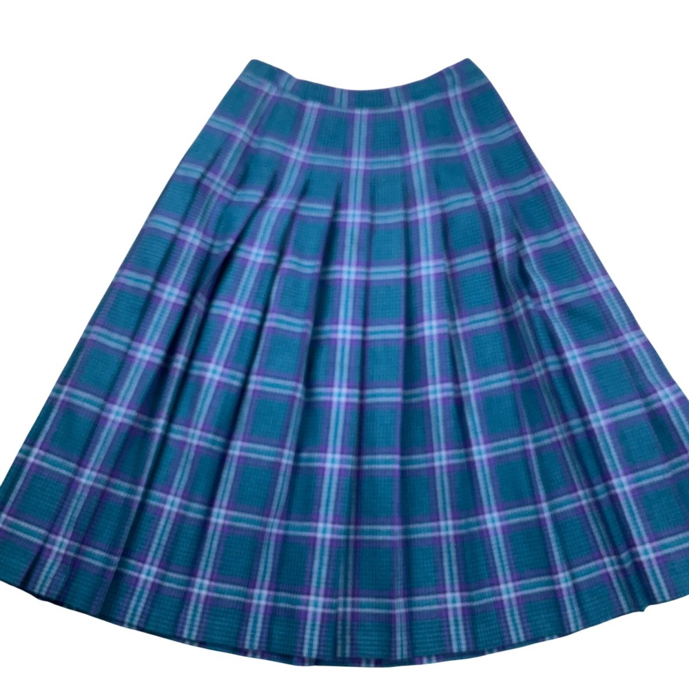 Pendleton Skirt Women 12P Teal Purple Houndstooth Plaid Pleat Aline Wool VTG 80s